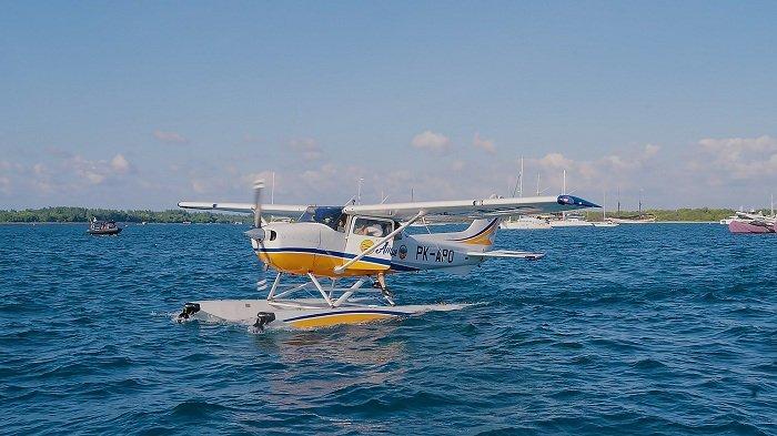 Uji coba penerbangan seaplane bandara perairan di Pantai Mertasari, Denpasar, Bali, pada Kamis 20 Juni 2024.