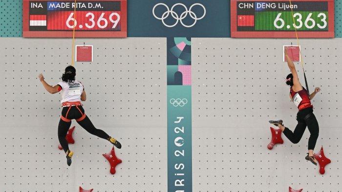 BERTANDING - Desak Made Made Rita Kusuma Dewi (kiri) dari Indonesia bertanding melawan Deng Lijuan dari Tiongkok pada perempat final kecepatan panjat tebing putri di Olimpiade Paris 2024 di Venue Panjat Tebing Le Bourget di Le Bourget, Rabu (7/8).