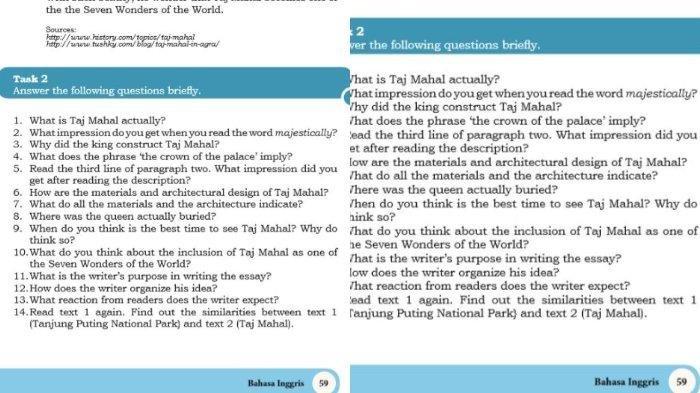 Soal Bahasa Inggris kelas 10 halaman 59 - Berikut ini kunci jawaban Bahasa Inggris Kelas 10 halaman 59 bagian Reading Task 2.