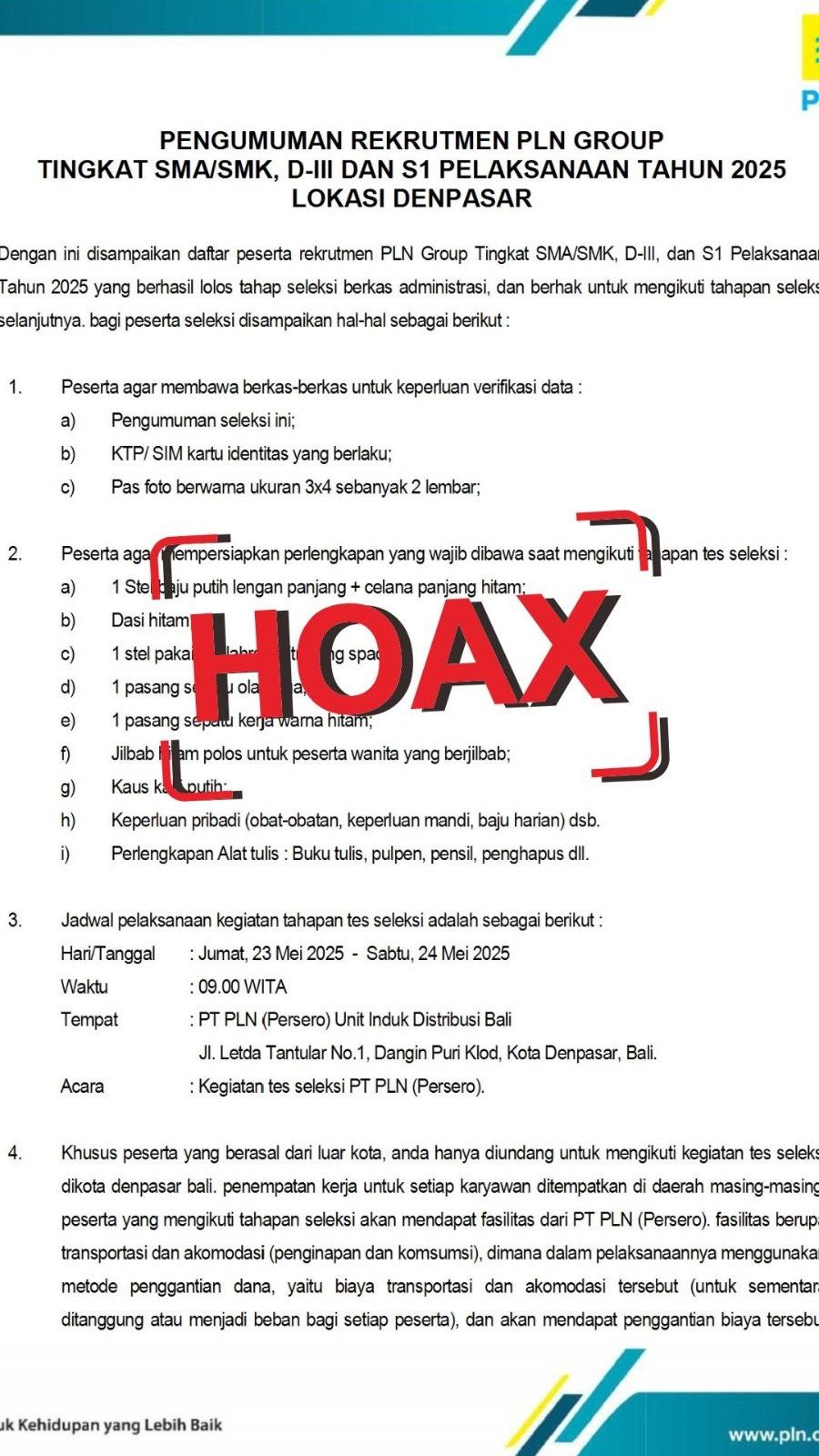 Salah satu pengumuman rekrutmen PLN Group yang tidak dapat dipertanggung jawabkan dan cenderung berujung pada penipuan. PLN Tak Pernah Pungut Biaya dalam Rekrutmen, Masyarakat Diimbau Berhati-Hati