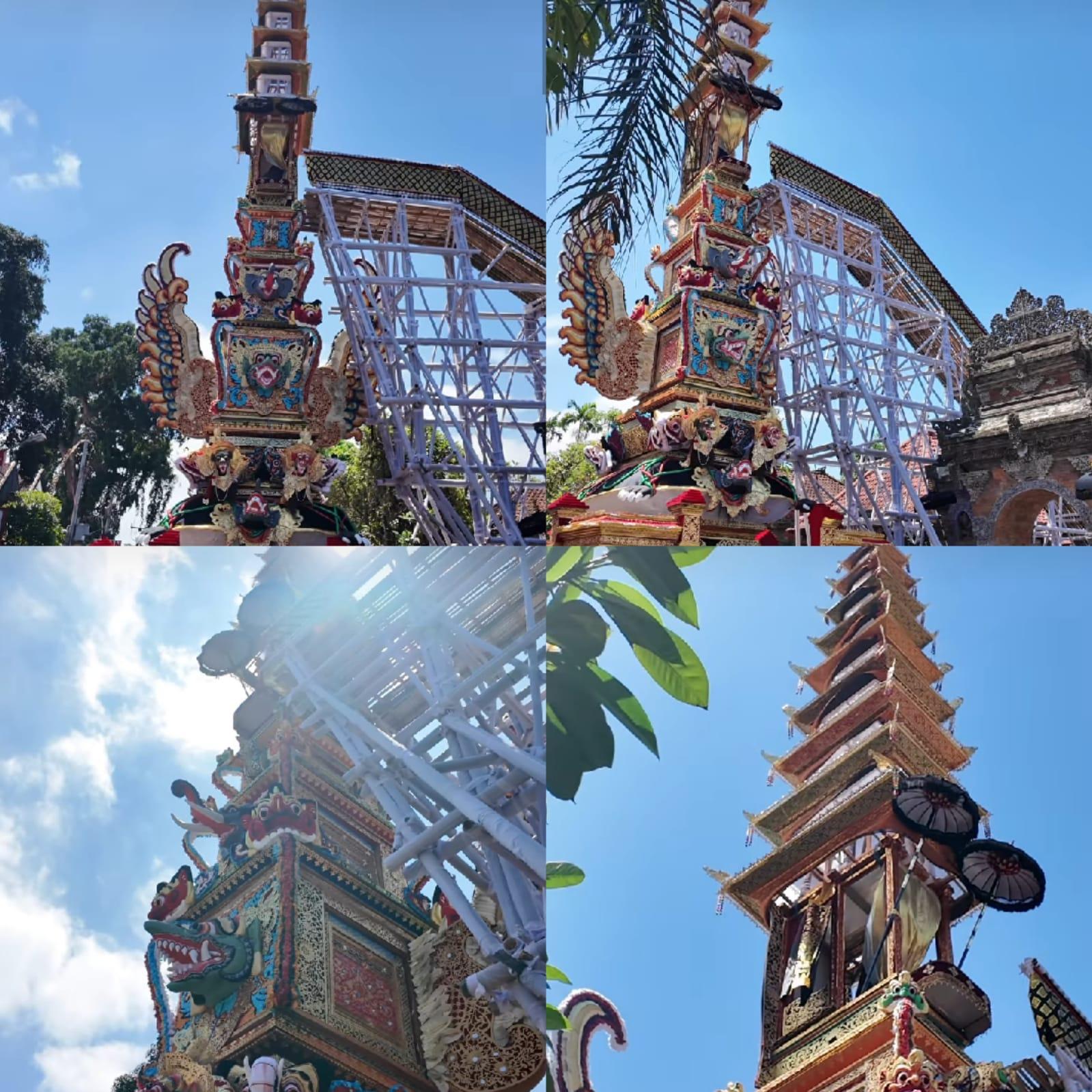 Bade yang menjulang tinggi di Catus Pata Ubud pada Sabtu 13 April 2024 - Palebon Tjokorda Santaka Gunakan Bade Tumpang 9 Setinggi 25 Meter, Berat 5 Ton, Dililit Naga Banda