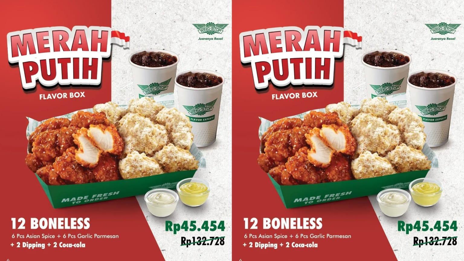 Promo Wingstop Hari Ini 11 Agustus 2024, 12 Boneless + 2 Dipping Sauce + 2 Coca-Cola Rp 45.454.