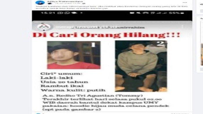 Sempat Hilang mahasiswa UMY asal Pangkalpinang, Pangkalbalam, Bangka Belitung Redho Tri Agustian Diduga jadi Korban Mutilasi di Jogja