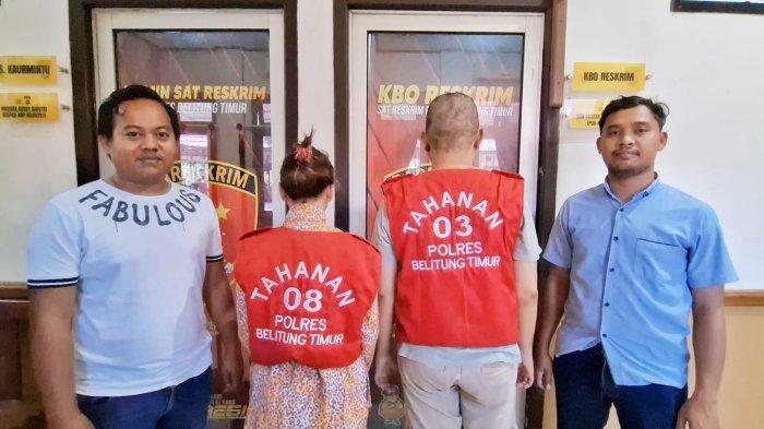 Sepasang kekasih pelaku perusakan ATM di Kelapa Kampit, Beltim saat diamankan petugas.