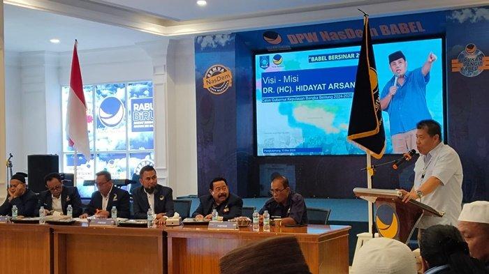 Suasana pemaparan visi-misi bakal calon kepala-daerah yang melakukan pendaftaran melalui Partai Nasdem Provinsi Bangka Belitung, Senin (13/5/2024).