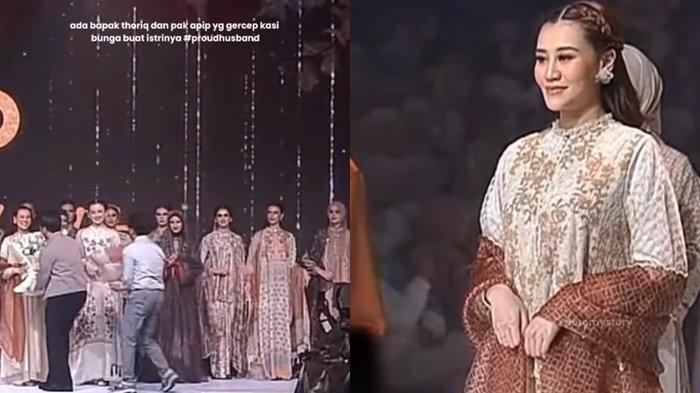 BIKIN IRI - Kolase foto Aaliyah Massaid di catwalk dan Thariq Halilintar memberi buket bunga, dicapture 13 Februari 2025.
