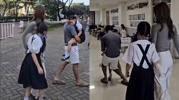 PENGGANTI RUBEN - Artis Sarwendah ditemani sang putra, Betrand Peto mengantarkan Thalia dan Thania ke sekolah dicapture (24/4/2025). Keberadaan Onyo yang gantikan Ruben Onsu tuai perhatian.