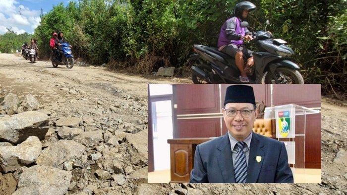 RUSAK - Pengendara susah payah melintasi area kerusakan parah di jalan poros penghubung antarkampung nelayan di Takisung. (Inset) H Arkani anggota Komisi 3 DPRD Tala