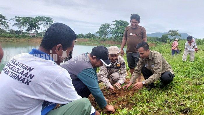 Kepala DPRKPLH Tala H Zainal Abidin (kedua kiri) bersama Camat Bajuin, Ketua My Darling Kalsel, dan Kades Kunyit kompak menanam bibit pohon penghijauan di tanggul embung Desa Kunyit, Kamis (11/1) pagi.