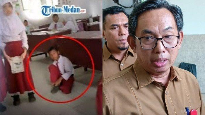 (Kiri) Tangkap layar video viral siswa SD dihukum duduk di lantai dan (Kanan) Kabid Disdikbud Kota Medan, Bambang Sudewo saat diwawancarai di Kantor Ombudsman Sumut, Senin (13/1/2025).