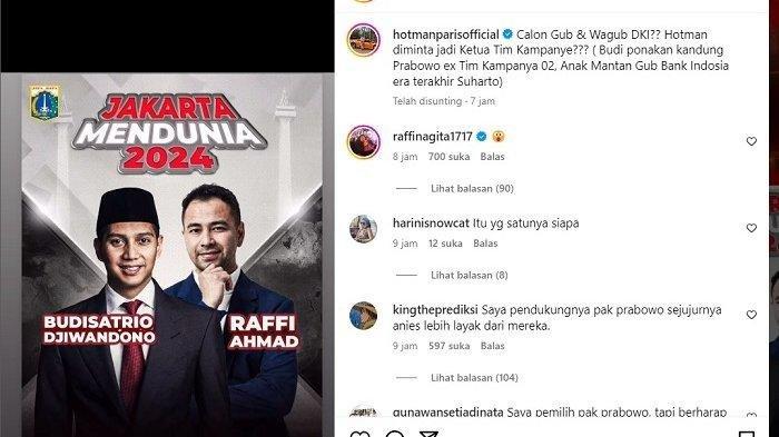 Postingan Hotman Paris soal isu Raffi Ahmad maju Pilkada DKI Jakarta 2024.