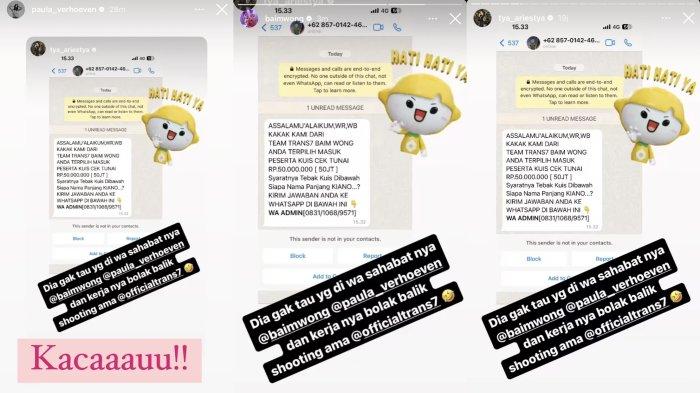 Tya Ariestya dapat pesan singkat penipuan giveaway yang mengatasnamakan sahabat baiknya, YouTuber Baim Wong.