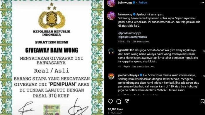 Unggahan Baim Wong tentang pencatutan namanya dalam dugaan penipuan giveaway.