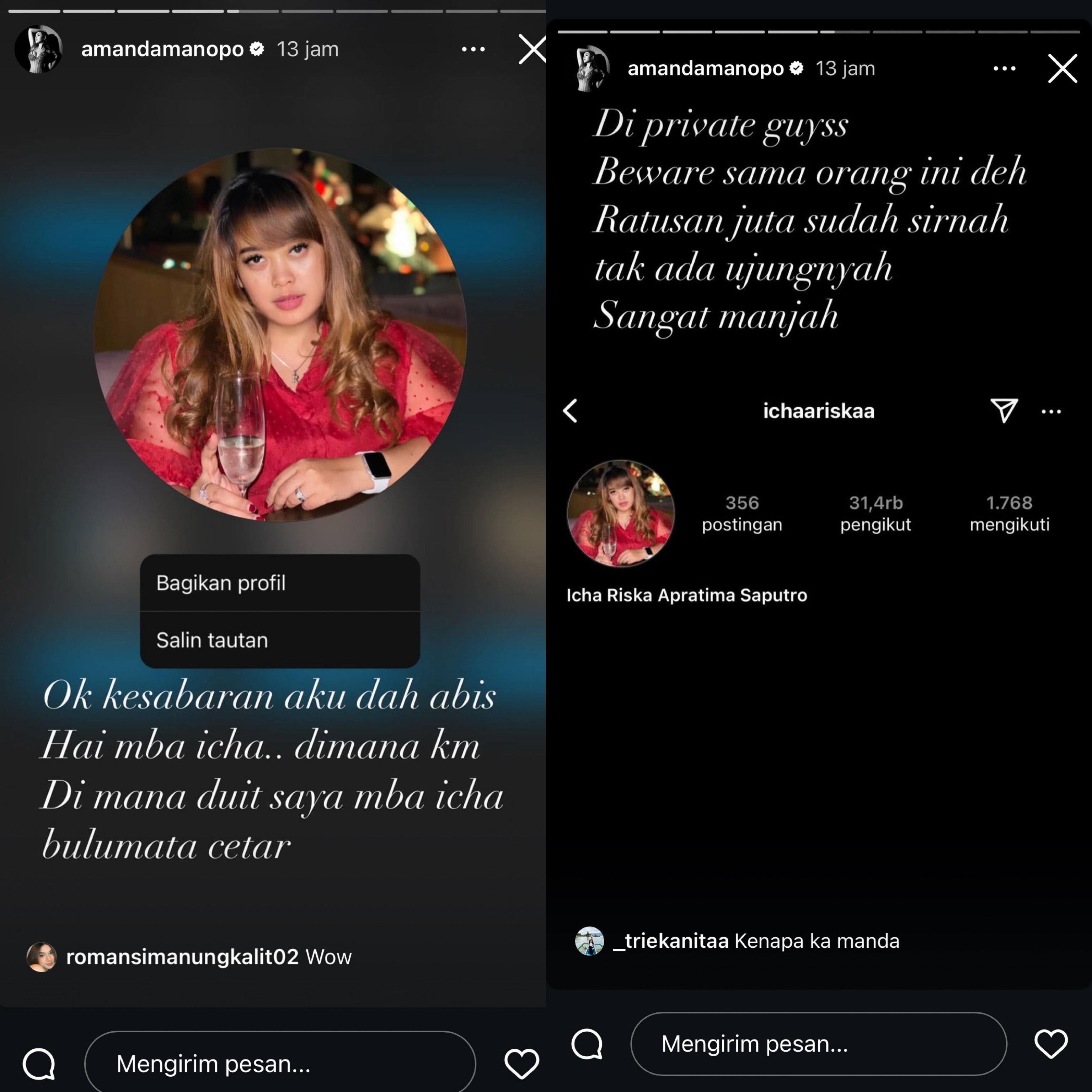 Amanda Manopo memposting sosok yang membawa kabur uangnya.