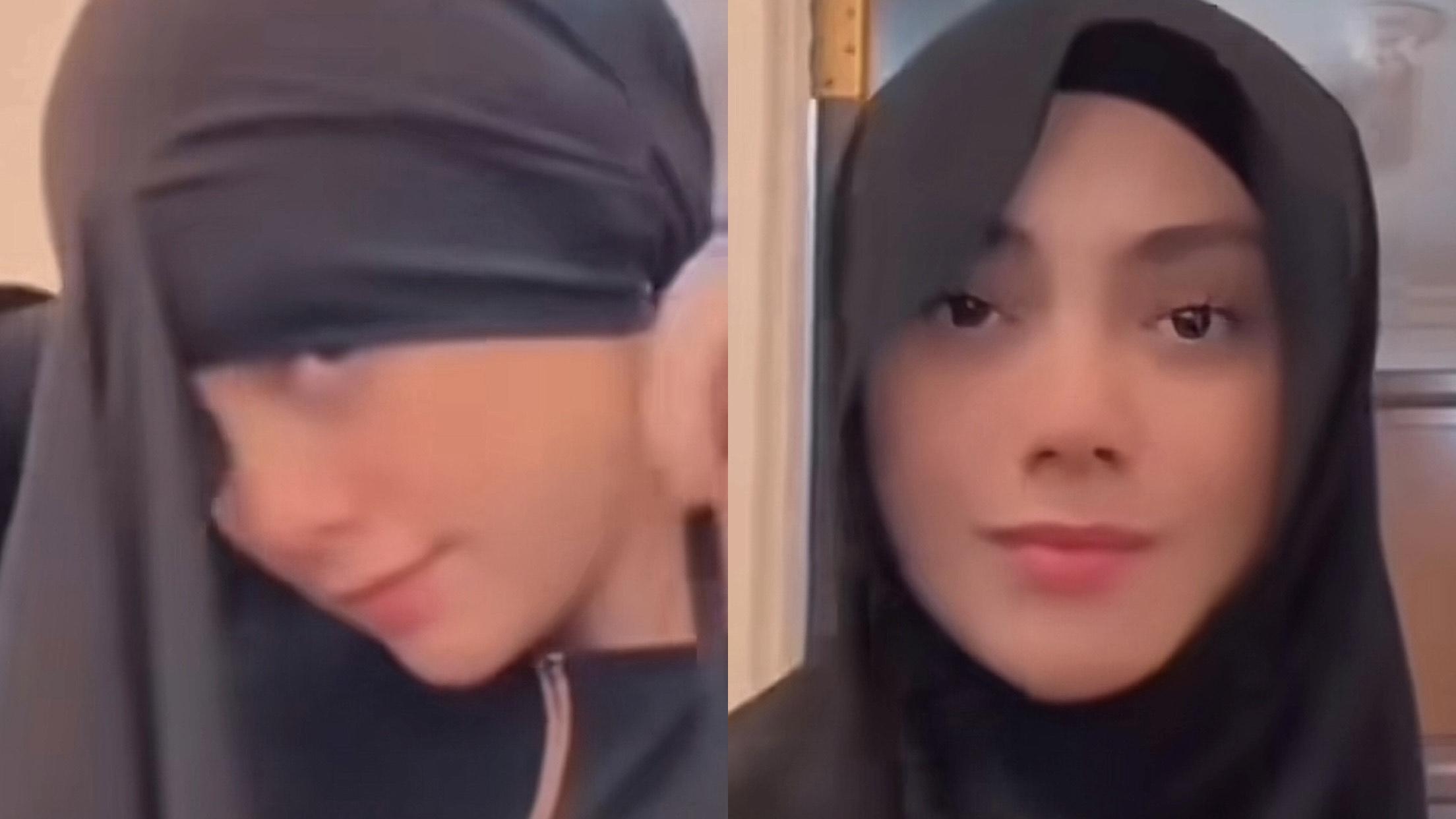 Artis Celine Evangelista membuat video tutorial berhijab dicapture (3/7/2025). Aksi janda Stefan William ramai ditegur imbas leher terbuka.