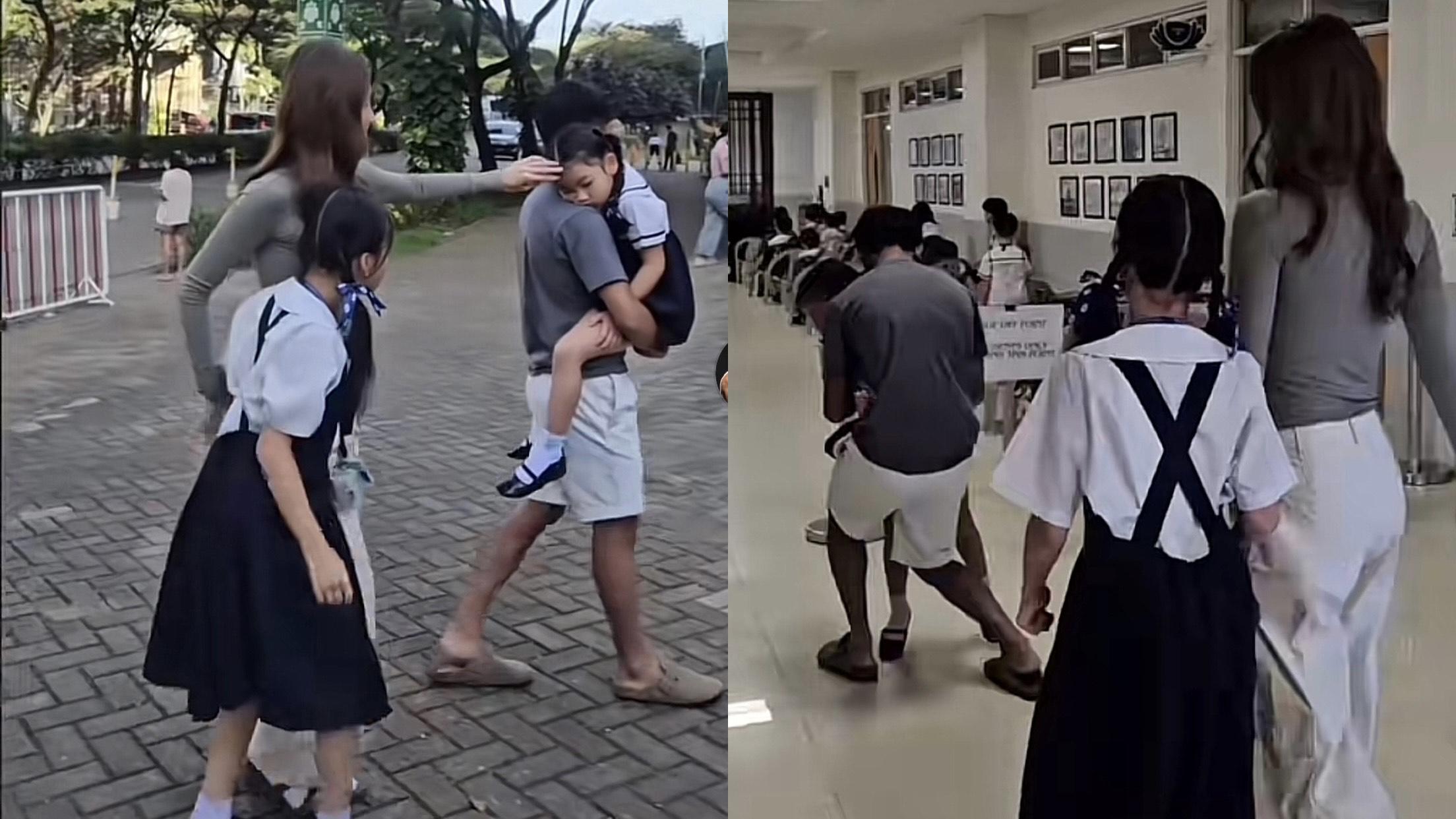 PENGGANTI RUBEN - Artis Sarwendah ditemani sang putra, Betrand Peto mengantarkan Thalia dan Thania ke sekolah dicapture (24/4/2025). Keberadaan Onyo yang gantikan Ruben Onsu tuai perhatian.
