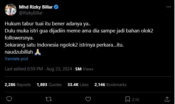 Cuitan Rizky Billar diduga sindir Kaesang Pangarep dan Erina Gudono.