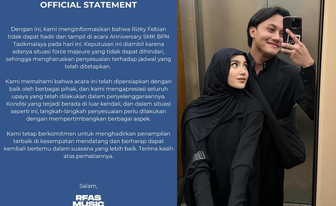 UMUMKAN BATAL MANGGUNG - Kolase pengumuman Rizky Febian batalkan jadwal manggung dan potretnya bersama Mahalini dari capture instagram, Sabtu (15/2/2025). Iky mendadak umumkan batal manggung karena faktor force majeur, kondisi Mahalini jadi sorotan.