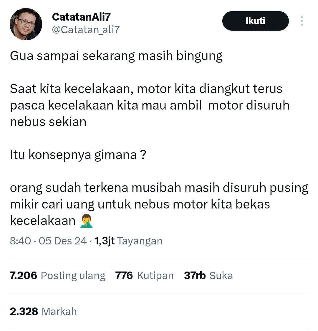 Di media sosial, kembali ramai diperbincangkan tentang biaya pengambilan motor atau mobil bekas kecelakaan lalulintas yang kemudian disita dan disimpan di kantor polisi.