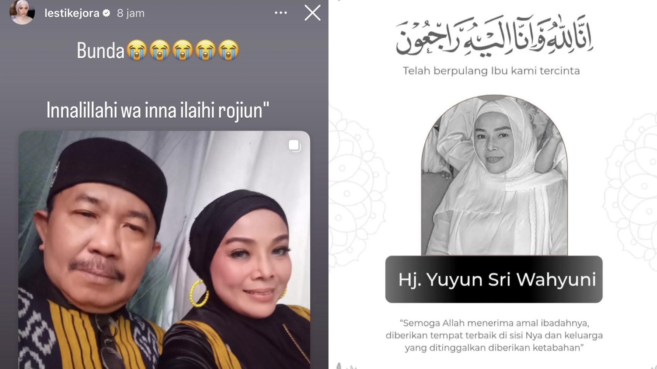 Pedangdut Lesti Kejora berduka kehilangan pedangdut senior Yunita Ababiel yang meninggal dunia, Minggu (13/7/2025). Istri aktor Rizky Billar bersedih.