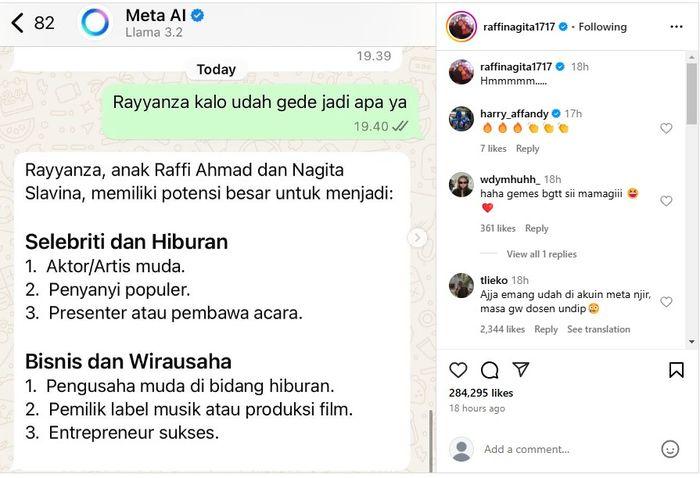Percakapan Nagita Slavina dengan Meta Ai bahas soal Rayyanza hingga calon anak ke 4.