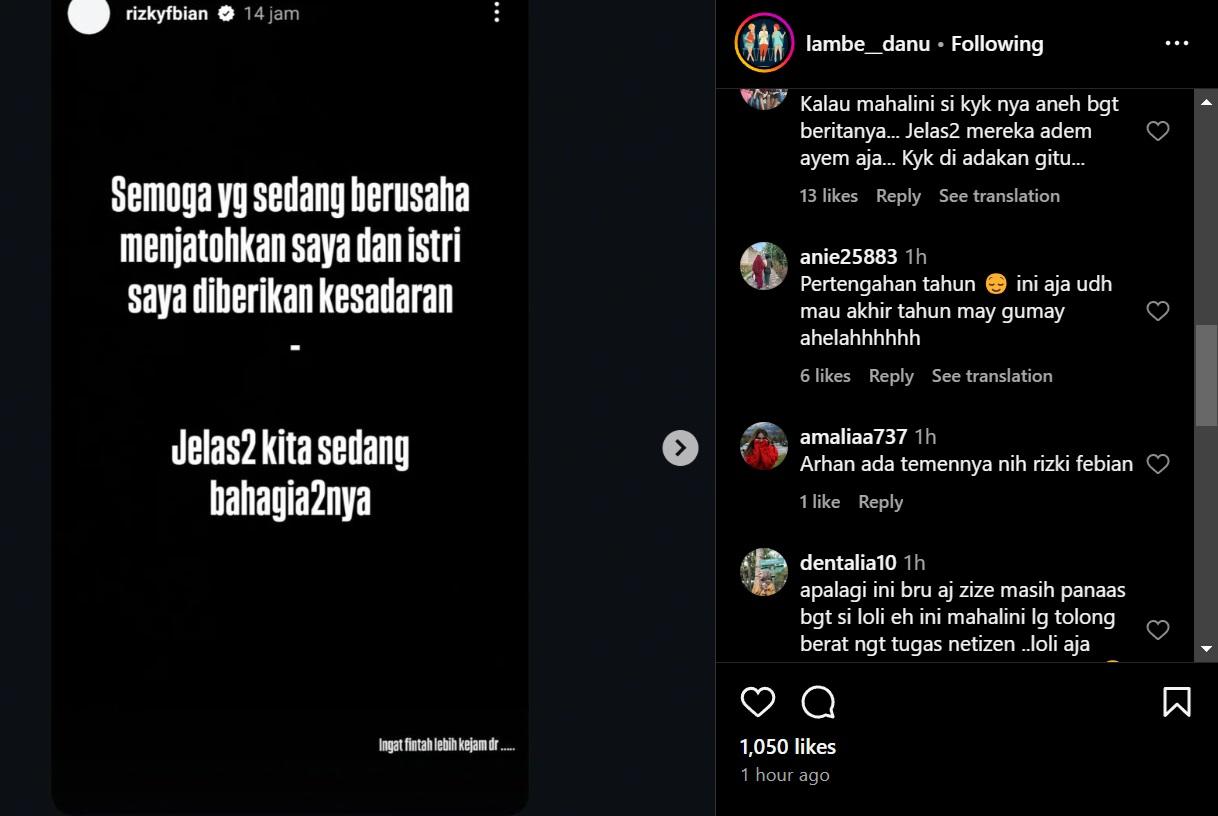 Postingan story instagram Rizky Febian jadi sorotan netizen.