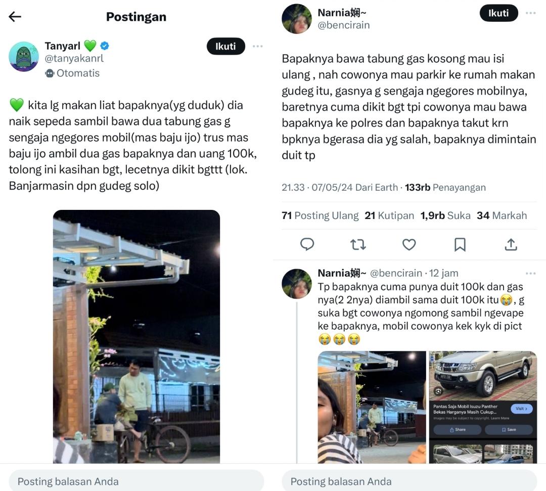Viral di X (dulu Twitter) kisah seorang bapak-bapak bersepeda di Kota Banjarmasin, Kalimantan Selatan (Kalsel) yang tanpa sengaja menggores mobil milik seorang pria muda dan harus membayar ganti rugi dengan dua tabung gas elpiji dan uang