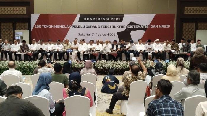 100 tokoh menyatakan penolakan terhadap hasil Pemilihan Presiden (Pilpres) 2024 karena dinilai curang secara terstruktur, sistematis dan masif (TSM). Pembacaan sikap penolakan dipimpin oleh mantan Ketua Umum Pimpinan Pusat (PP) Muhammadiyah Din Syamsuddin di sebuah hotel kawasan Jakarta Pusat pada Rabu (21/2/2024).