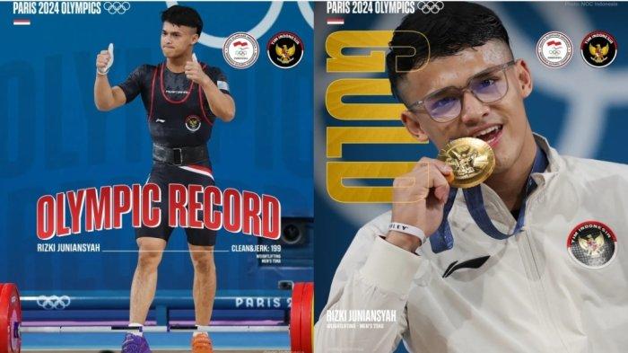 Kolase foto atlet angkat besi Indonesia, Rizki Juniansyah yang berhasil berhasil meraih medali emas Olimpiade Paris 2024