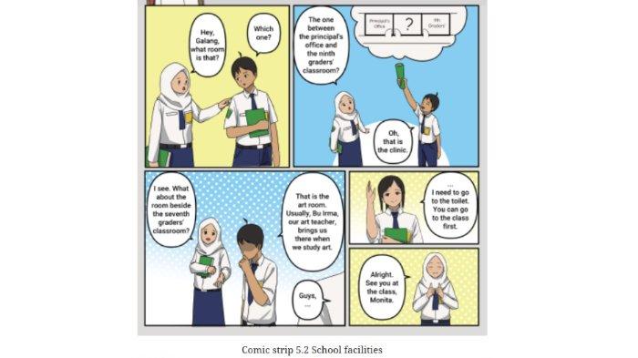 ILUSTRASI KUNCI JAWABAN- Comic strip 5.2 School facilities, buku English for Nusantara untuk SMP/MTs Kelas VII halaman 208, Kurikulum Merdeka. (Kemdikbudristek, 2022)