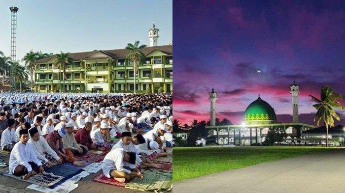 Kiri: ribuan santri putra dan putri Ponpes Daar El Qolam, Gintung, Tangerang, Banten saat melaksanakan prosesi Salat Idul Adha. Kanan: Masjid As-Syifa, masjid utama Ponpes Daar El-Qolam.