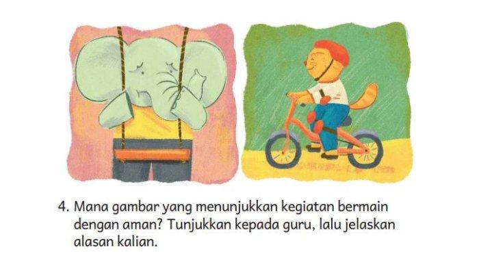 Mana gambar yang menunjukkan kegiatan bermain dengan aman? Tunjukkan kepada guru, lalu jelaskan alasan kalian.