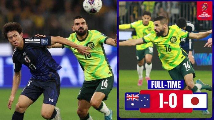 DUEL BOLA - Pemain Australia Aziz Behich berebut bola dengan pemain Jepang pada pertandingan grup C ronde 3 Kualifikasi Piala Dunia 2026 di Stadion Optus, Perth, Kamis (5/6/2025) malam. Kemenangan Australia skor 1-0 membuyarkan peluang Timnas Indonesia lolos otomatis.