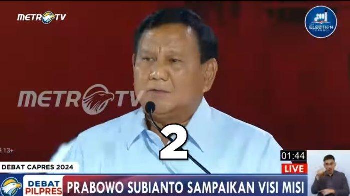 Capres Prabowo Subianto saat memaparkan visi misi di bidang politik luar negeri, keamanan dan pertahanan, dalam Debat Pilpres 2024 ketiga, Minggu (7/1/2024)