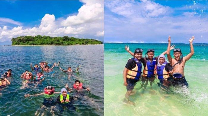 Kolase foto wisatawan di Pulau Liwungan yang berada di dekat area Kawasan Ekonomi Khusus (KEK) Tanjung Lesung, di Kabupaten Pandeglang, Provinsi Banten.