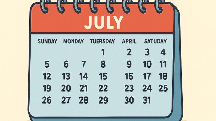 KALENDER JULI 2025 - Foto ilustrasi hasil olah kecerdasan buatan (AI), Selasa (1/7/2025), memperlihatkan ilustrasi kalender bulan Juli 2025.