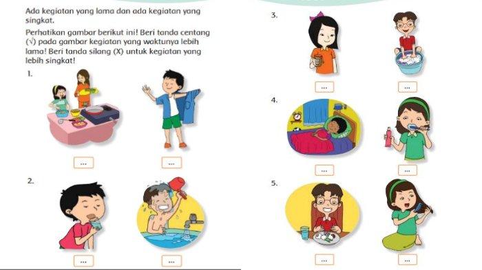 Perhatikan gambar berikut ini! Beri tanda centang (?) pada gambar kegiatan yang waktunya lebih lama! Beri tanda silang (X) untuk kegiatan yang lebih singkat!
