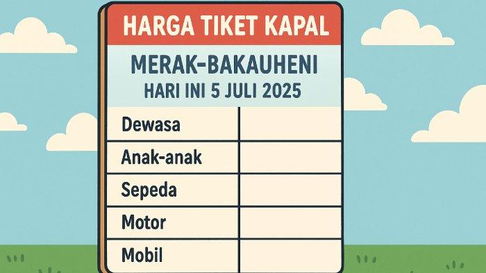 HARGA TIKET KAPAL - Foto ilustrasi hasil olah kecerdasan buatan (AI), Sabtu (5/7/2025), memperlihatkan ilustrasi daftar harga tiket kapal Merak-Bakauheni hari ini Sabtu, 5 Juli 2025.