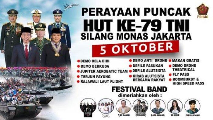 Mabes TNI akan menggelar perayaan puncak HUT Ke-79 TNI di Silang Monas Jakarta pada 5 Oktober 2024.