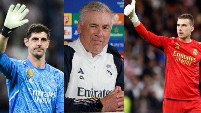 Juru taktik Real Madrid, Carlo Ancelotti (TENGAH) dihadapkan dengan pilihan sulit memilih kiper, menjelang lakoni laga final Liga Champions.