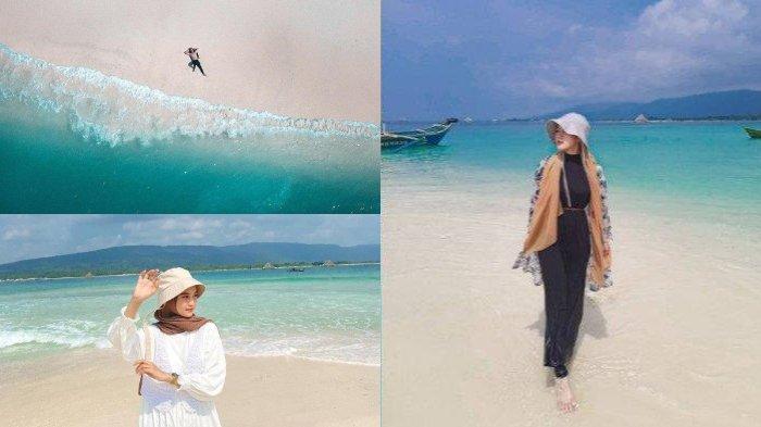 Kolase tiga foto wisatawan saat menikmati pantai pasir putih alami di Pulau Oar yang sangat indah.