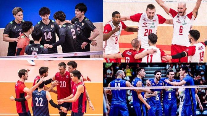 Laga semifinal liga voli dunia alias Volleyball Nations League, atau VNL 2023 mempertemukan tim voli Jepang (kiri atas) vs Polandia (kanan atas) dan Amerika Serikta (kiri bawah) vs Italia (kanan bawah).
