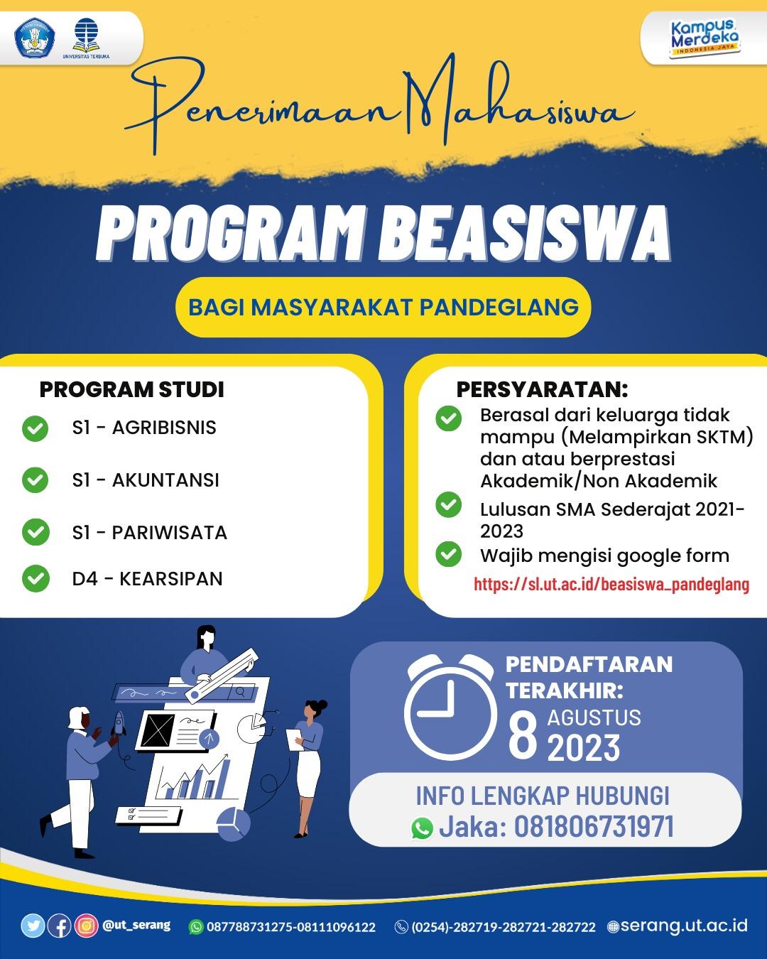 Berita penting dan kabar baik bagi masyarakat Pandeglang yang berminat untuk menempuh pendidikan tinggi. Pemkab Pandeglang telah membuka program beasiswa, untuk beberapa program studi, termasuk S1 Agribisnis, S1 Akuntansi, S1 Pariwisata, dan D4 Kearsipan.