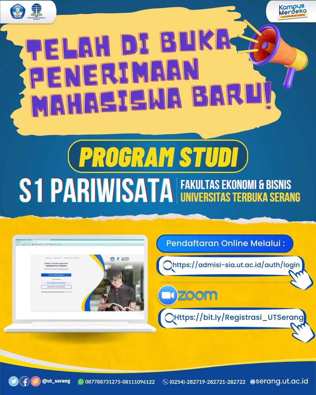 Universitas Terbuka (UT) Serang menerima pendaftaran untuk mahasiswa baru program Diploma dan Sarjana tanpa tes masuk pada 11 Mei 2023-8 Agustus 2023.