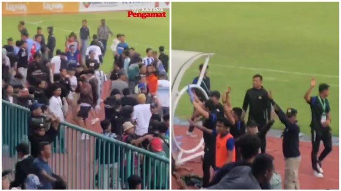 Oknum suporter PSCS Cilacap turun ke lapangan dan mencoba menyerang pemain Persekat Tegal di akhir laga pekan keempat babak playoff degradasi Liga 2 di Stadion Wijayakusuma, Cilacap, Senin (22/1/2024). Tidak hanya itu, bus pemain Persekat juga diserang sehingga pemain dan ofisial serta pelatih turun dari bus. Belum diketahui penyebab kericuhan ini.