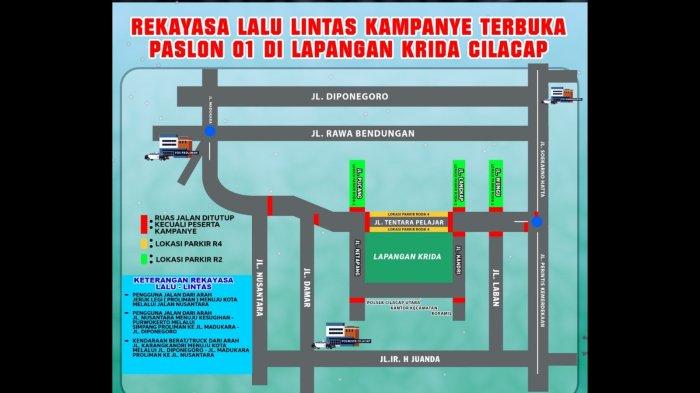 Skema rekayasa lalu lintas yang dibuat Satlantas Polresta Cilacap dalam agenda kampanye terbuka capres Anies Baswedan di Lapangan Krida Nusantara, Cilacap, Rabu (24/1/2024).