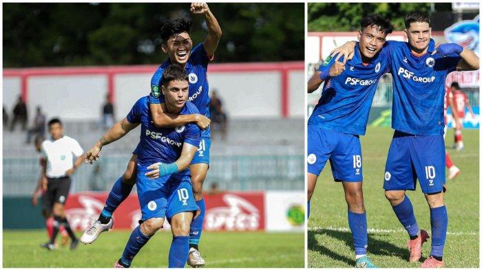 Striker asing PSCS Cilacap, Rafael Rodgrigues atau Rafinha merayakan gol ke gawang Persipura Jayapura pada pekan kedua babak playoff degradasi Liga 2 di Stadion Wijayakusuma, Cilacap, Jumat (12/1/2024) sore.