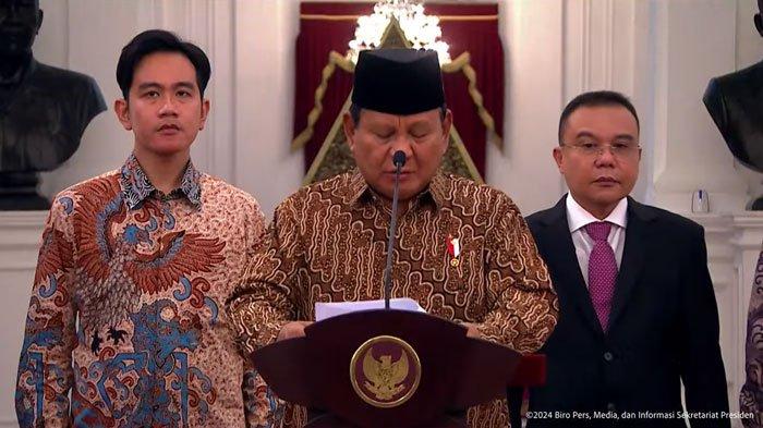 KABINET - Presiden Prabowo Subianto mengumumkan menteri kabinet Merah Putih di Istana Negara, Minggu (20/10/2024)