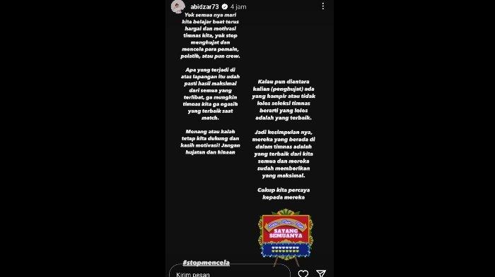 Abidzar Al Ghifari ajak warganet tak hujat Timnas Indonesia, sebagaimana diunggah dalam Instagram abidzar73, Minggu (28/1/2024).