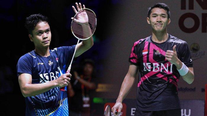 Anthony Sinisuka Ginting (kiri) akan menghadapi Kanta Tsuneyama dari Jepang dan Jonatan Christie bersua Rasmus Gemke dari Denmark di babakl 32 besar Japan Open 2023.